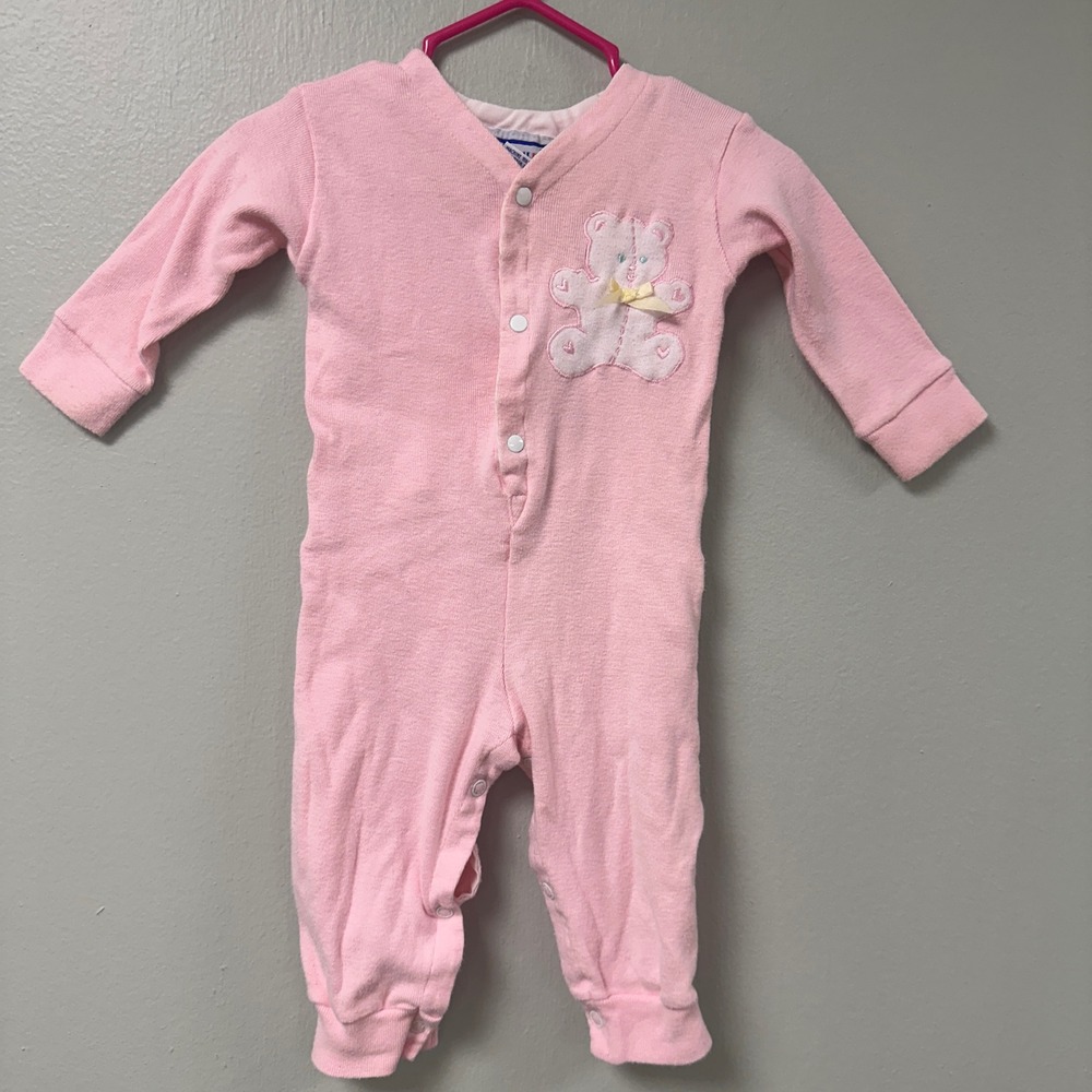 Vintage Doe-Spun Pink Cotton Teddy Bear Drop Seat Sleeper Union Suit 6-9 Months